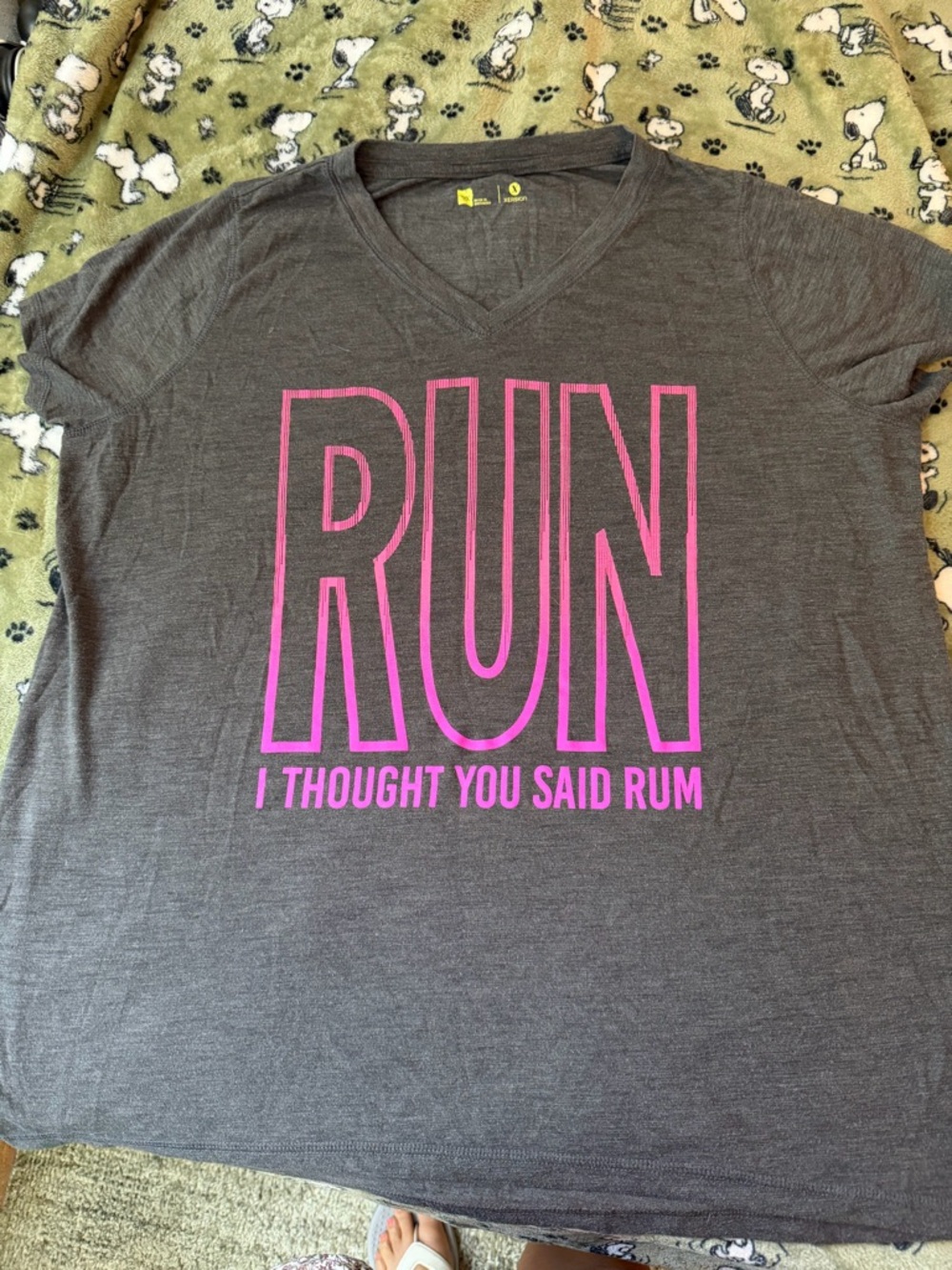 Gray V-neck Tee with Pink "RUN I THOUGHT YOU SAID RUM" Graphic